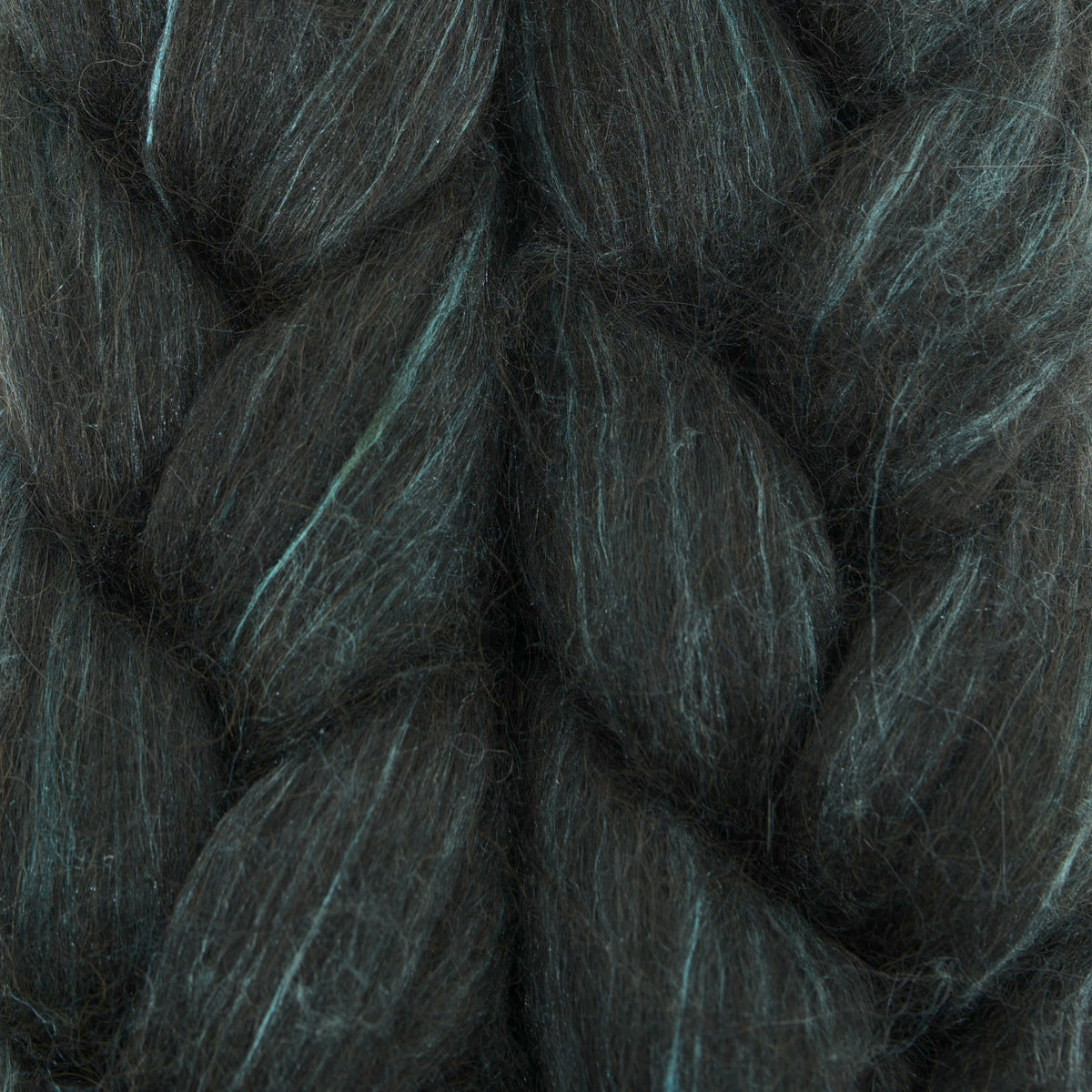 Hand painted alpaca mulberry silk combed top, charcoal and sage grey, braid closeup
