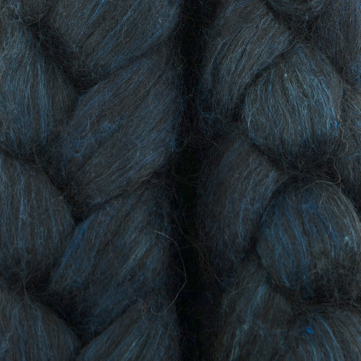 Hand painted alpaca mulberry silk combed top, midnight navy and denim blue, braid closeup