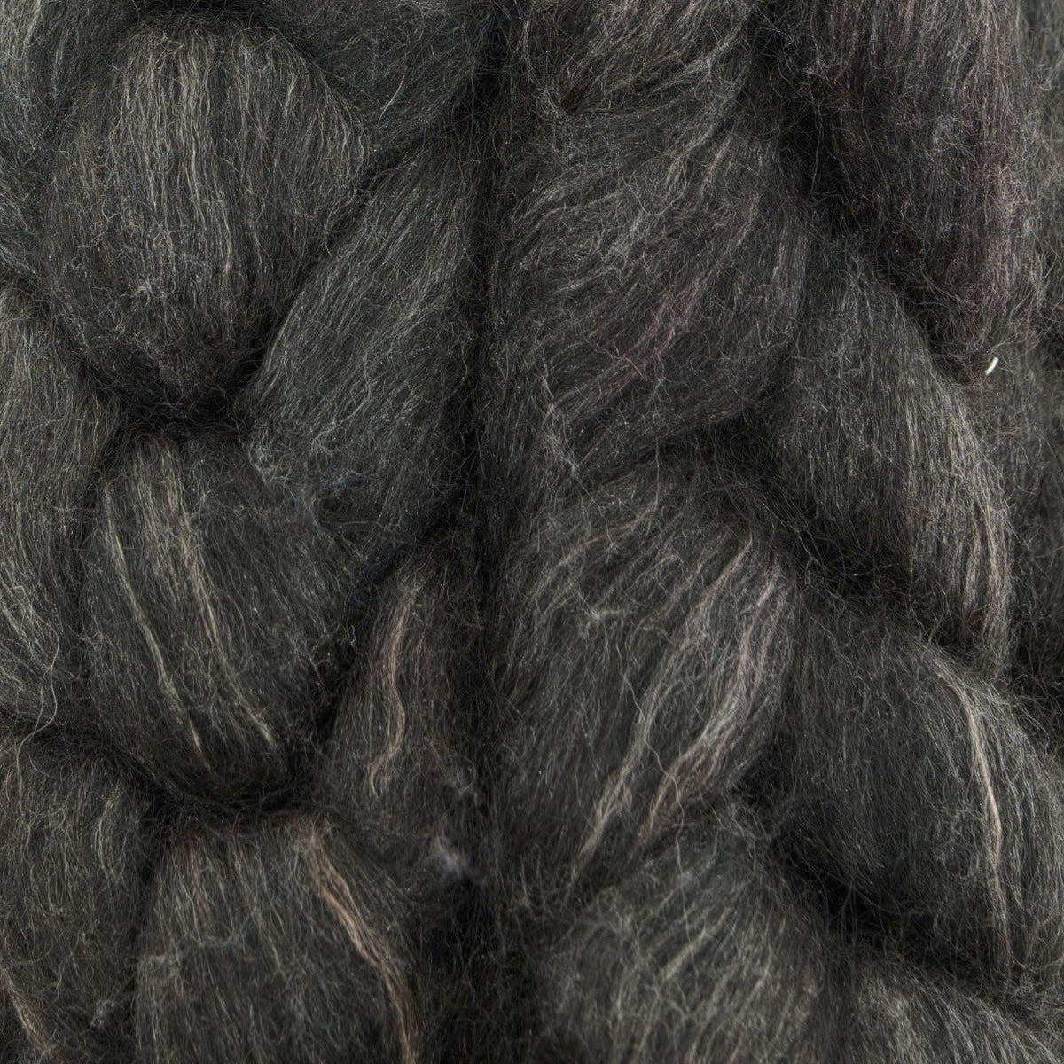 Hand painted alpaca mulberry silk combed top, espresso charcoal and warm taupe, braid closeup