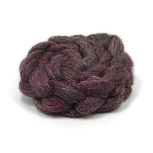 Hand Painted 80/20 Black Alpaca Mulberry Silk Combed Top, Plum and Charcoal, 4 oz - photo 1