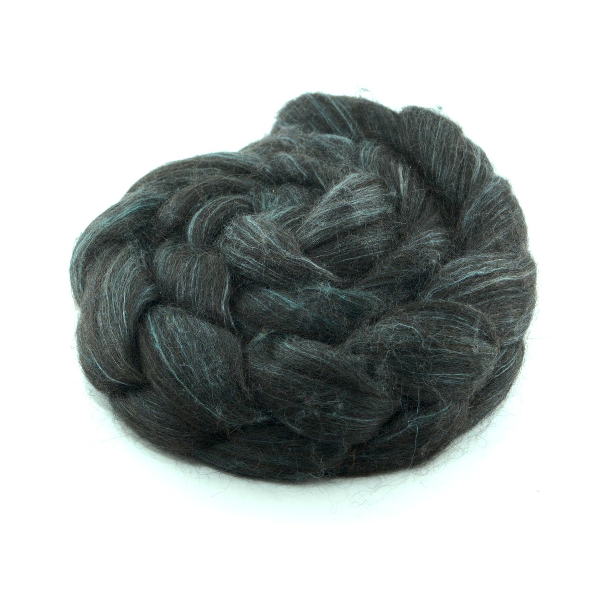 Hand painted alpaca mulberry silk combed top, charcoal and sage grey, side view