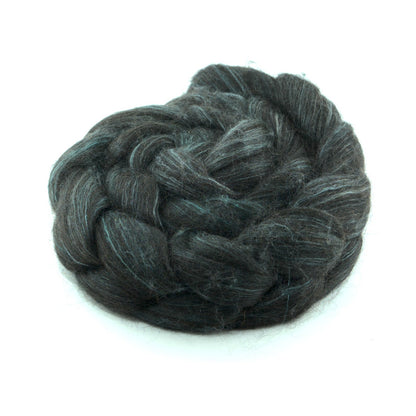 Hand painted alpaca mulberry silk combed top, charcoal and sage grey, side view