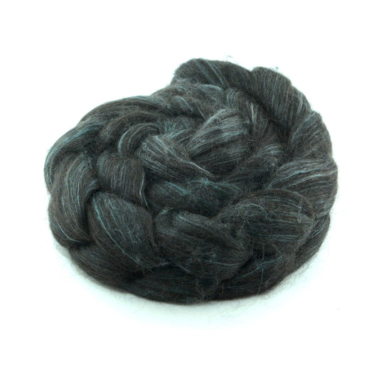 Hand painted alpaca mulberry silk combed top, charcoal and sage grey, side view