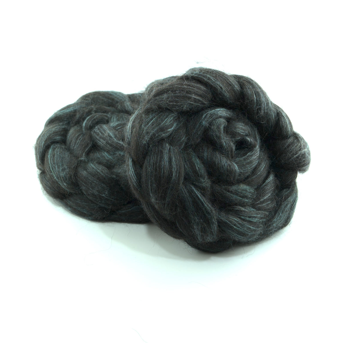 Hand painted alpaca mulberry silk combed top, charcoal and sage grey, two-bun stack