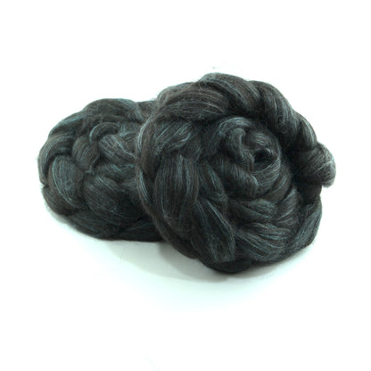 Hand painted alpaca mulberry silk combed top, charcoal and sage grey, two-bun stack