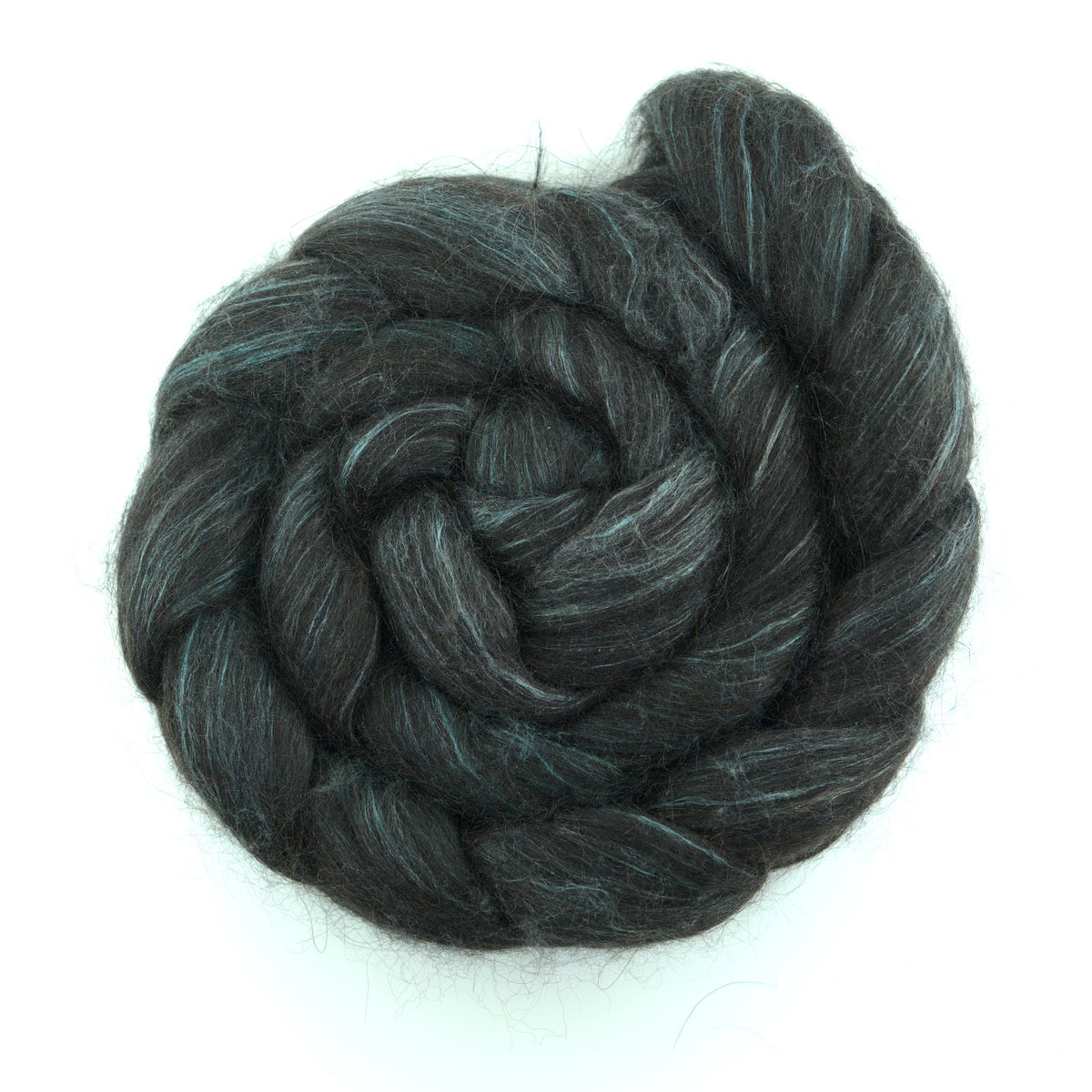 Hand painted alpaca mulberry silk combed top, charcoal and sage grey, overhead view