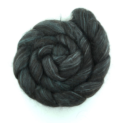 Hand painted alpaca mulberry silk combed top, charcoal and sage grey, overhead view