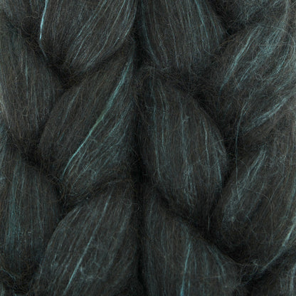 Hand painted alpaca mulberry silk combed top, charcoal and sage grey, braid closeup