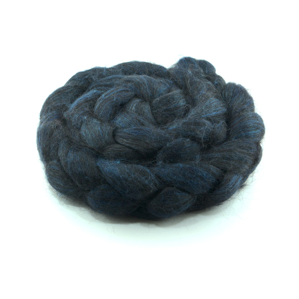 Hand painted alpaca mulberry silk combed top, midnight navy and denim blue, side view