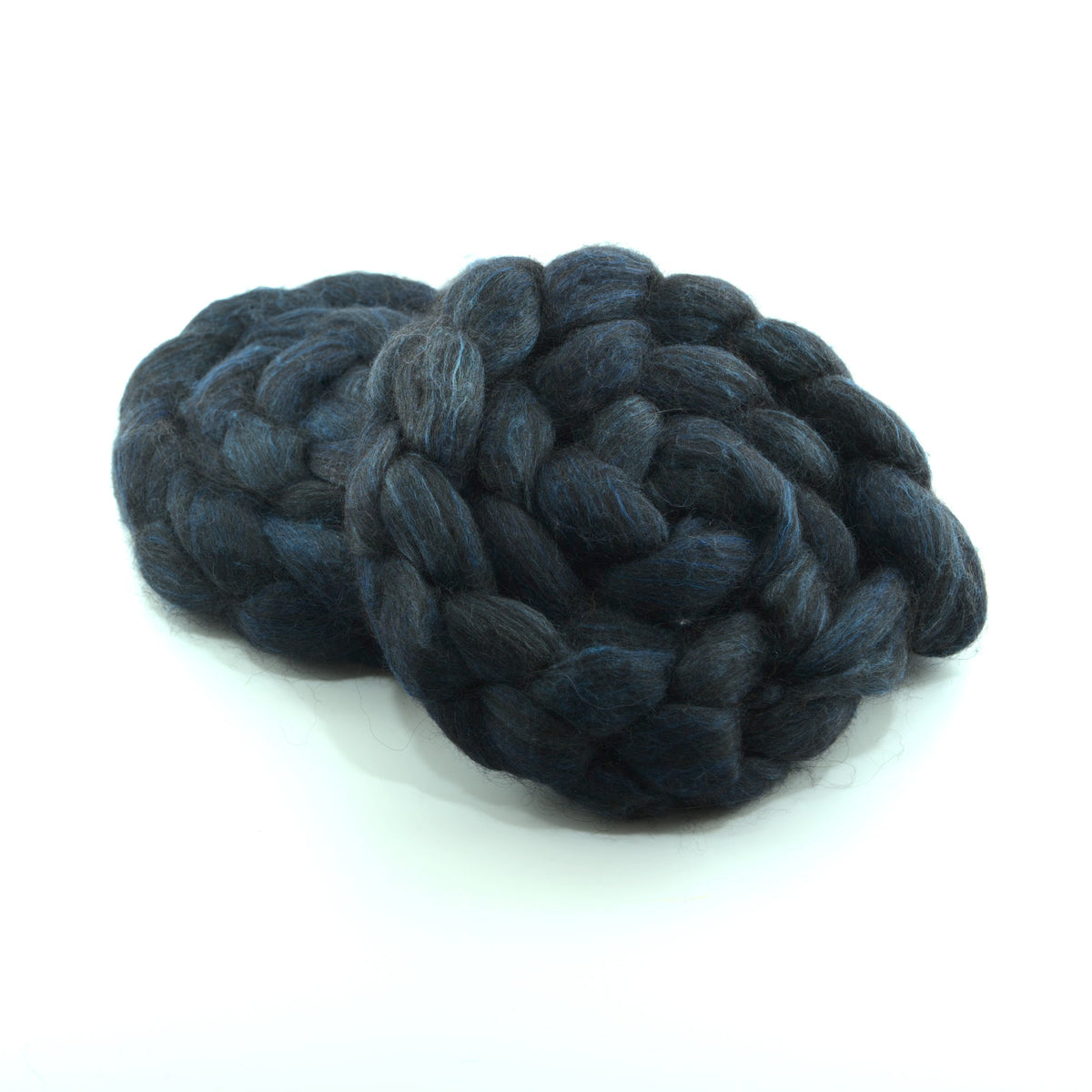 Hand painted alpaca mulberry silk combed top, midnight navy and denim blue, two-bun stack