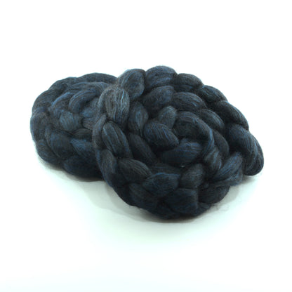 Hand painted alpaca mulberry silk combed top, midnight navy and denim blue, two-bun stack
