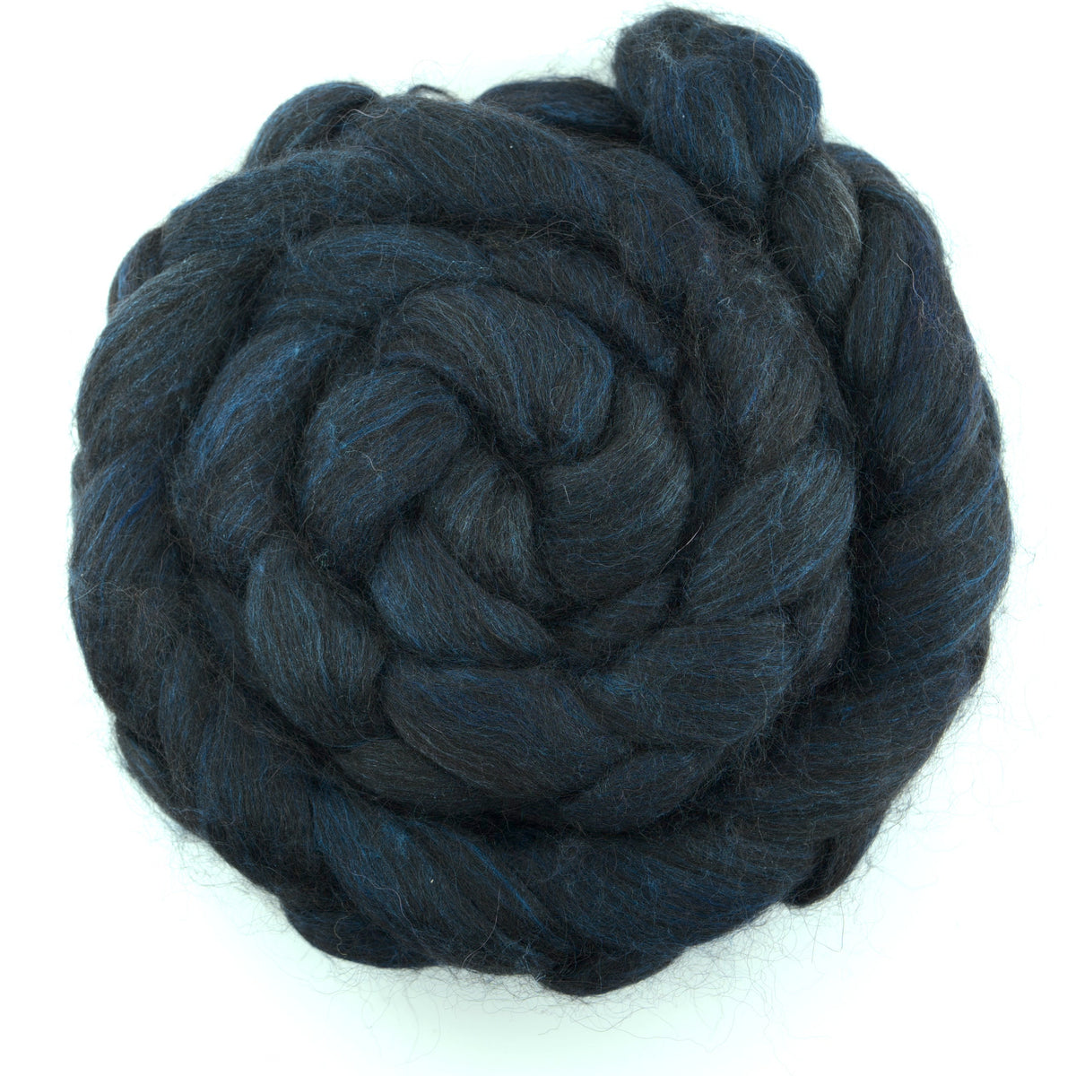 Hand painted alpaca mulberry silk combed top, midnight navy and denim blue, overhead view