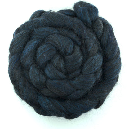 Hand painted alpaca mulberry silk combed top, midnight navy and denim blue, overhead view