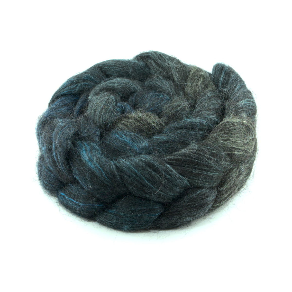 Hand painted alpaca mulberry silk combed top, deep spruce, slate grey and peacock teal, side view