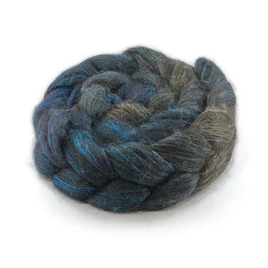 Hand Painted 80/20 Black Alpaca Mulberry Silk Combed Top, Deep Spruce, Slate Grey and Peacock Teal, 4 oz - photo 1