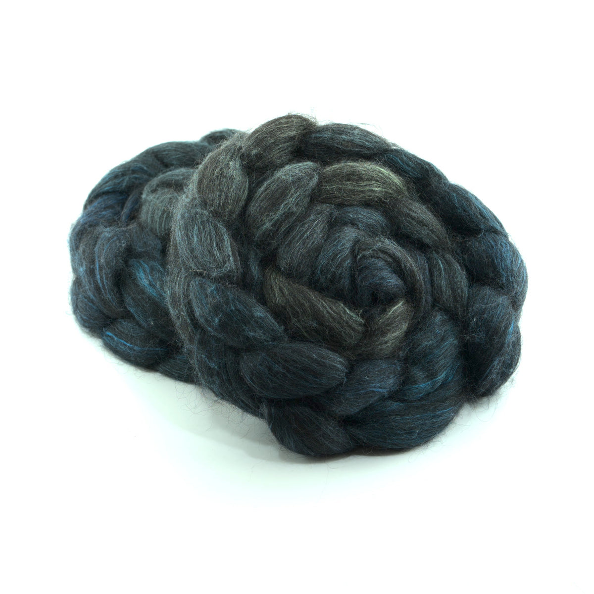 Hand painted alpaca mulberry silk combed top, deep spruce, slate grey and peacock teal, two-bun stack