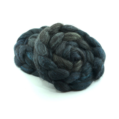 Hand painted alpaca mulberry silk combed top, deep spruce, slate grey and peacock teal, two-bun stack