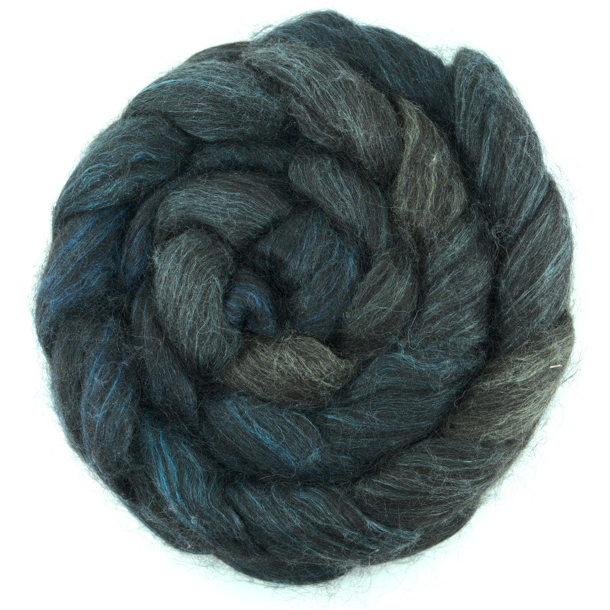 Hand painted alpaca mulberry silk combed top, deep spruce, slate grey and peacock teal, overhead view