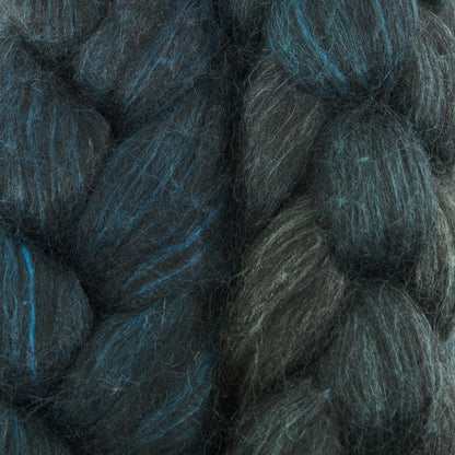 Hand painted alpaca mulberry silk combed top, deep spruce, slate grey and peacock teal, braid closeup