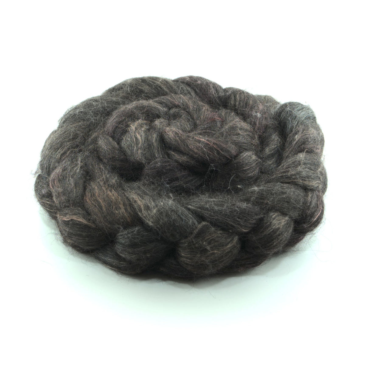 Hand painted alpaca mulberry silk combed top, espresso charcoal and warm taupe, side view