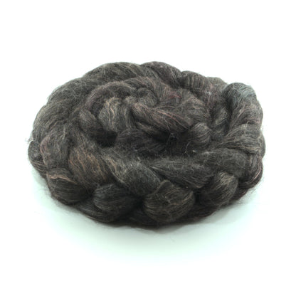 Hand painted alpaca mulberry silk combed top, espresso charcoal and warm taupe, side view