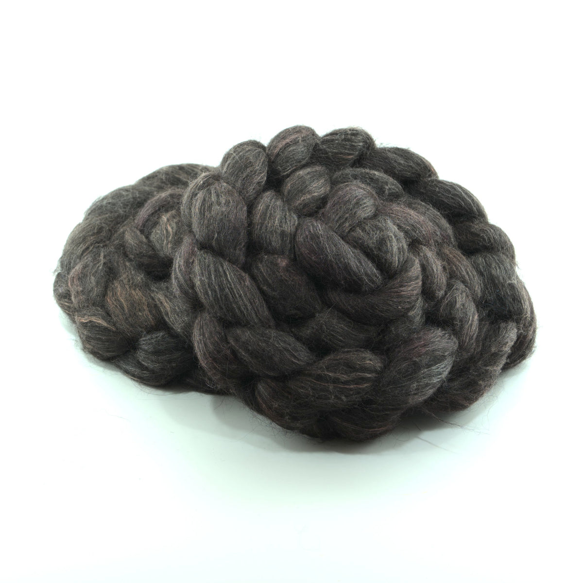 Hand painted alpaca mulberry silk combed top, espresso charcoal and warm taupe, two-bun stack