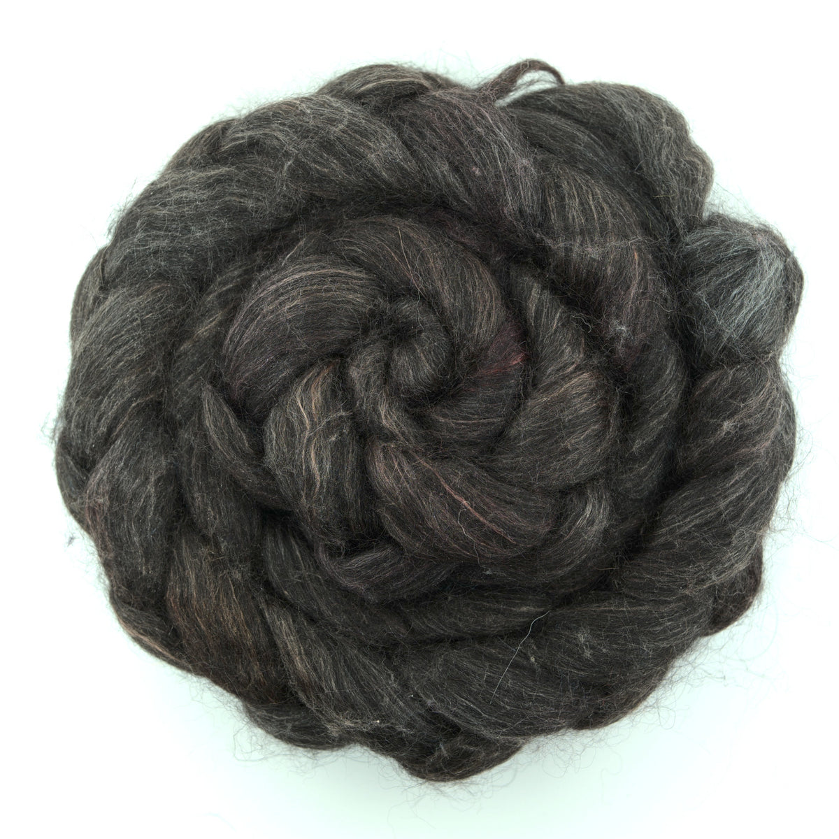 Hand painted alpaca mulberry silk combed top, espresso charcoal and warm taupe, overhead view