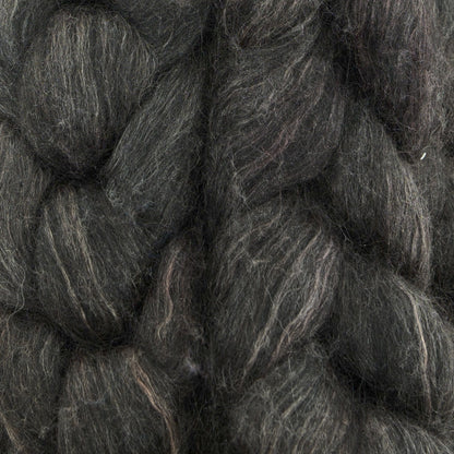 Hand painted alpaca mulberry silk combed top, espresso charcoal and warm taupe, braid closeup