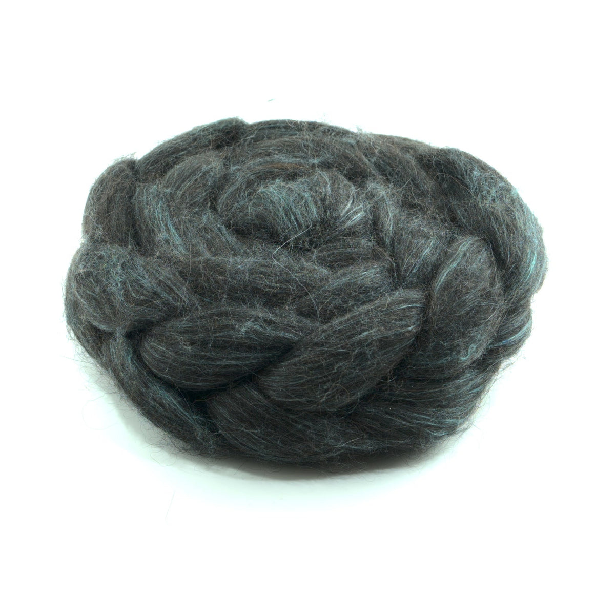 Hand painted alpaca mulberry silk combed top, charcoal and sage grey, side view