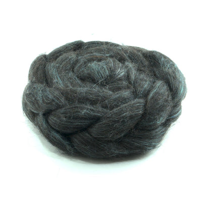 Hand painted alpaca mulberry silk combed top, charcoal and sage grey, side view