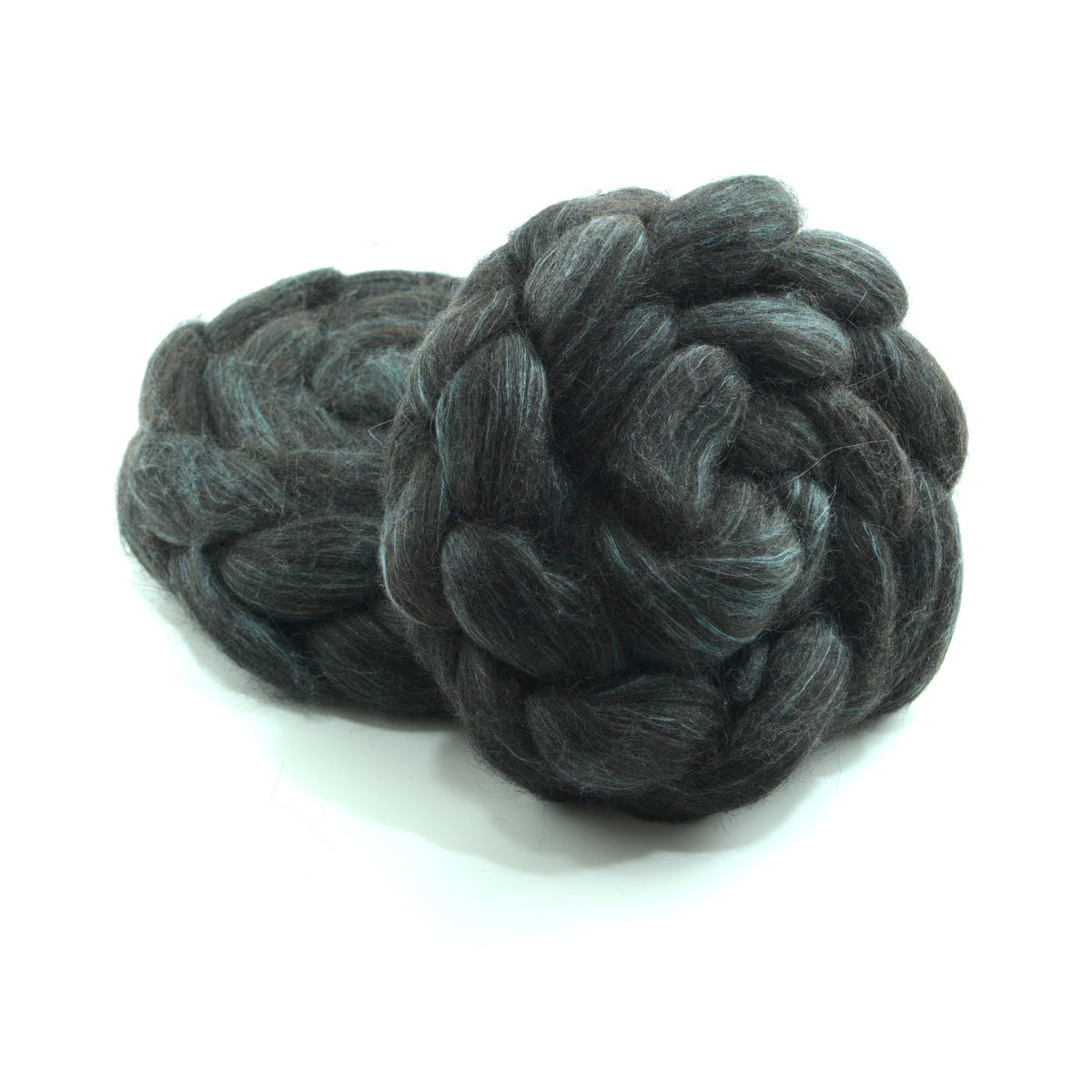 Hand painted alpaca mulberry silk combed top, charcoal and sage grey, two-bun stack