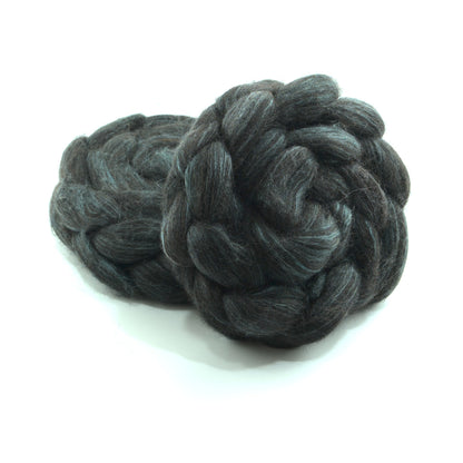 Hand painted alpaca mulberry silk combed top, charcoal and sage grey, two-bun stack
