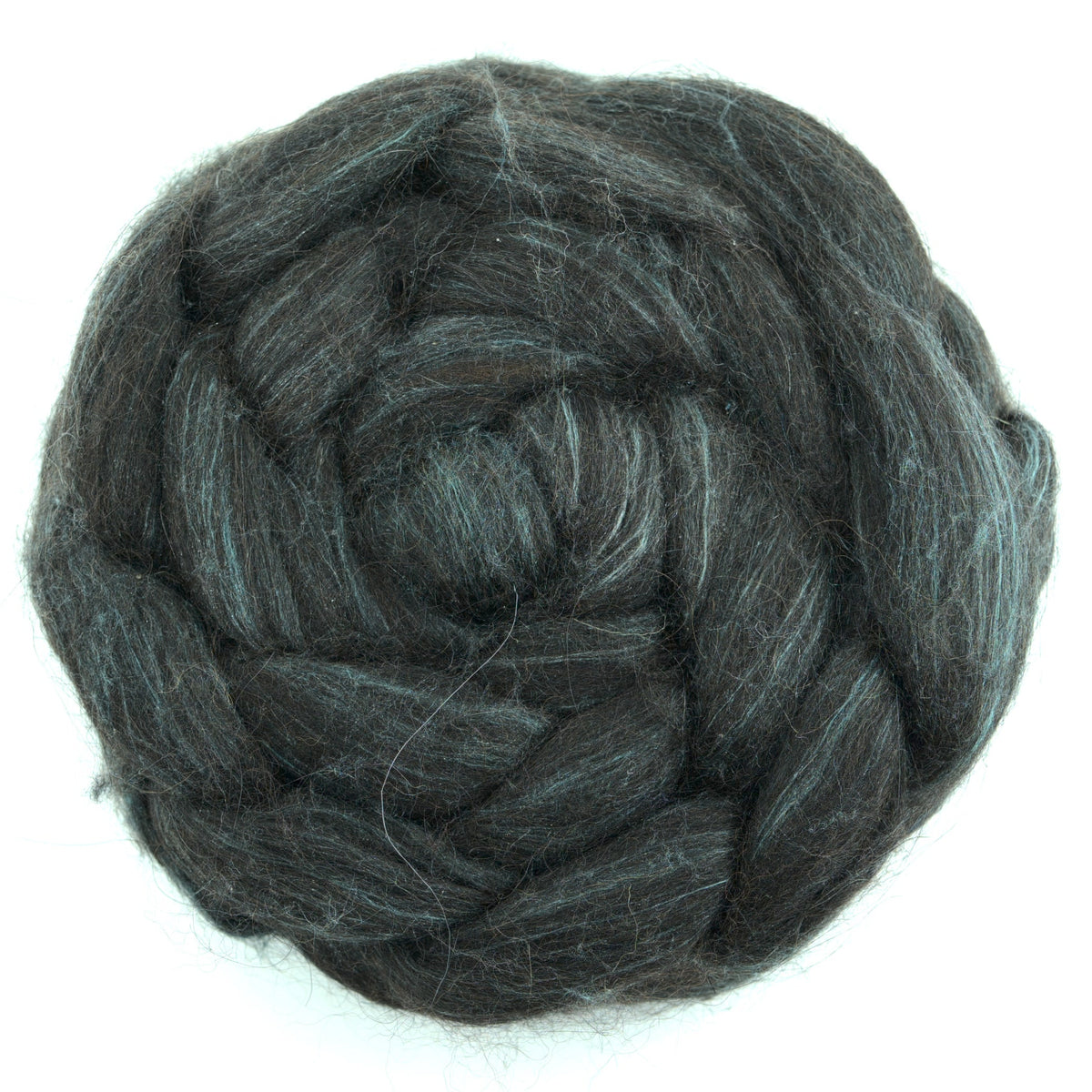 Hand painted alpaca mulberry silk combed top, charcoal and sage grey, overhead view