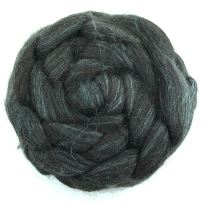 Hand painted alpaca mulberry silk combed top, charcoal and sage grey, overhead view