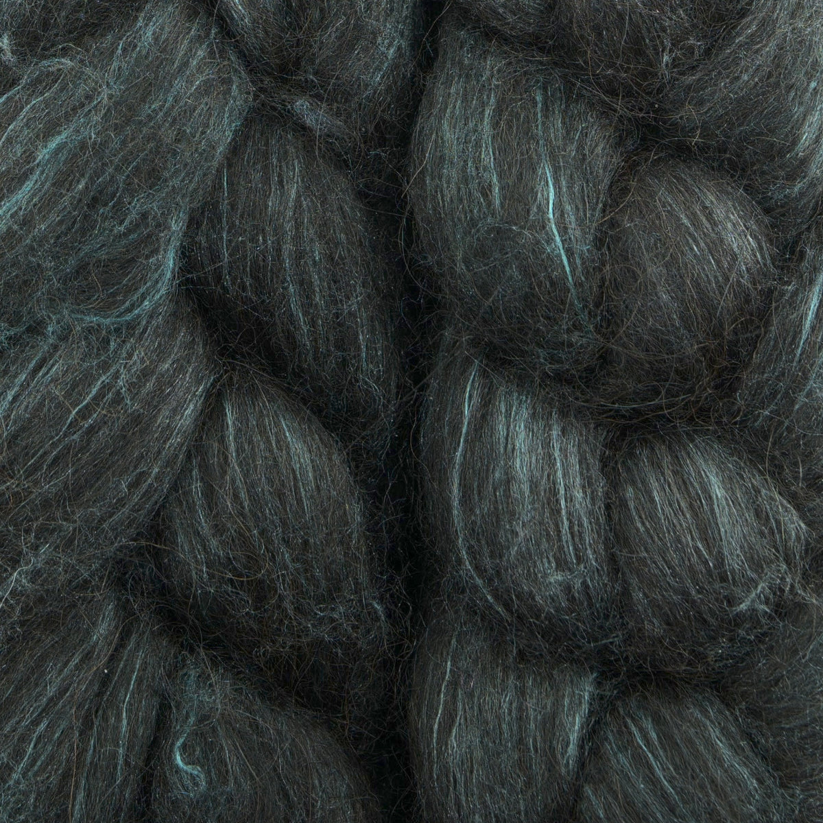 Hand painted alpaca mulberry silk combed top, charcoal and sage grey, braid closeup