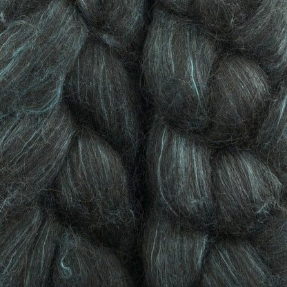 Hand painted alpaca mulberry silk combed top, charcoal and sage grey, braid closeup
