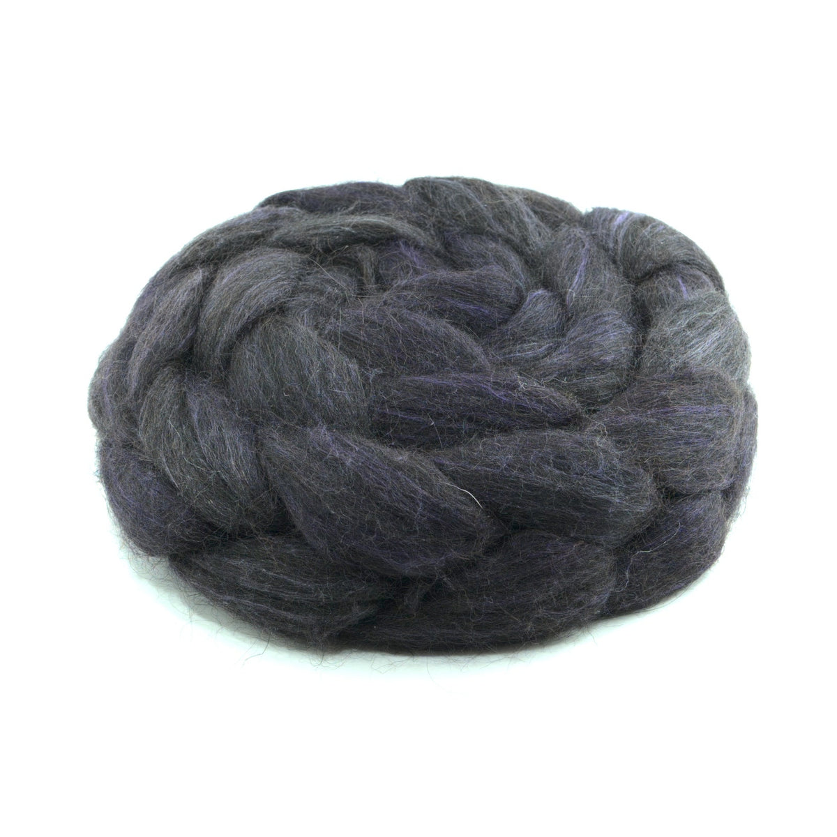 Hand painted alpaca mulberry silk combed top, charcoal, dusky plum and soft grey, side view