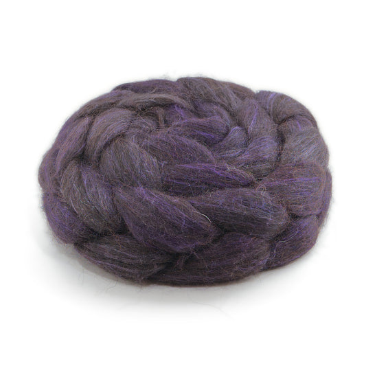Hand Painted 80/20 Black Alpaca Mulberry Silk Combed Top, Charcoal, Dusky Plum and Soft Grey, 4 oz - photo 1