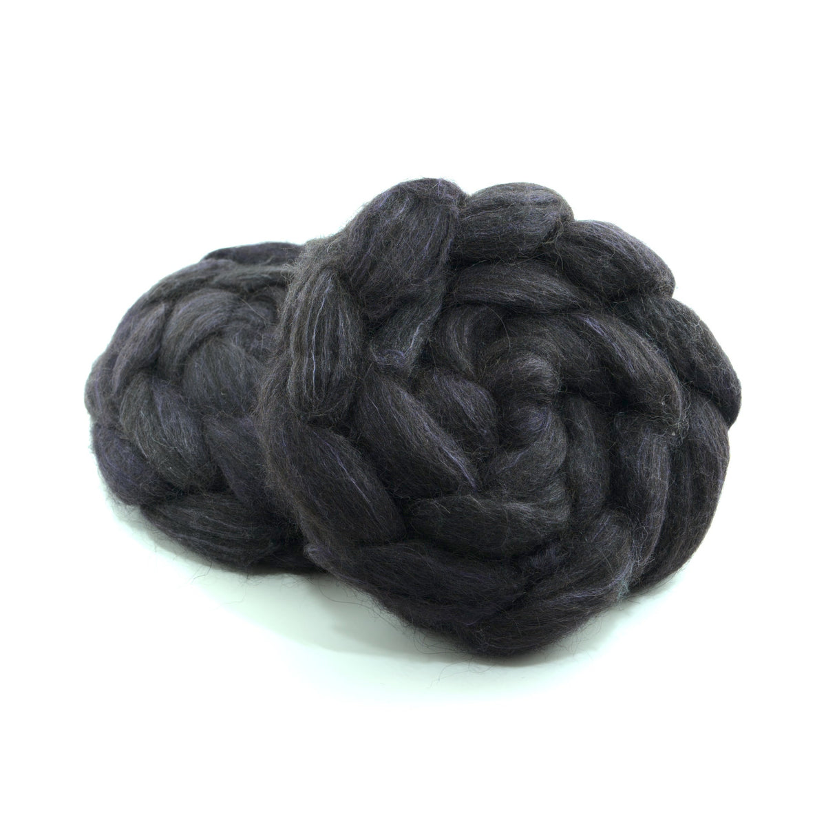 Hand painted alpaca mulberry silk combed top, charcoal, dusky plum and soft grey, two-bun stack
