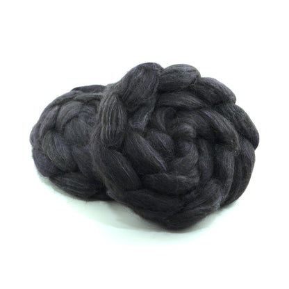 Hand painted alpaca mulberry silk combed top, charcoal, dusky plum and soft grey, two-bun stack