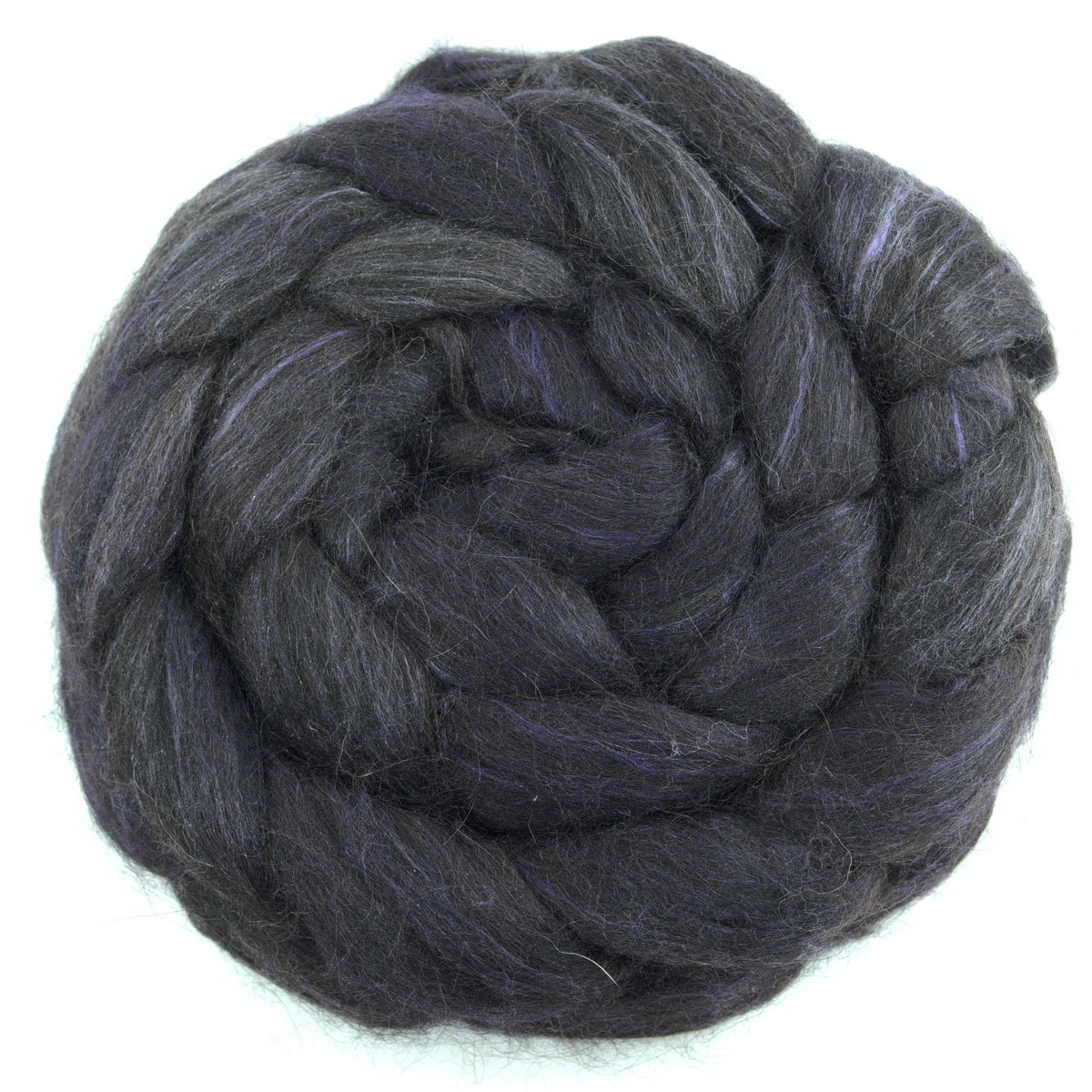 Hand painted alpaca mulberry silk combed top, charcoal, dusky plum and soft grey, overhead view