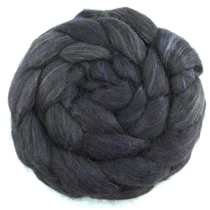 Hand painted alpaca mulberry silk combed top, charcoal, dusky plum and soft grey, overhead view