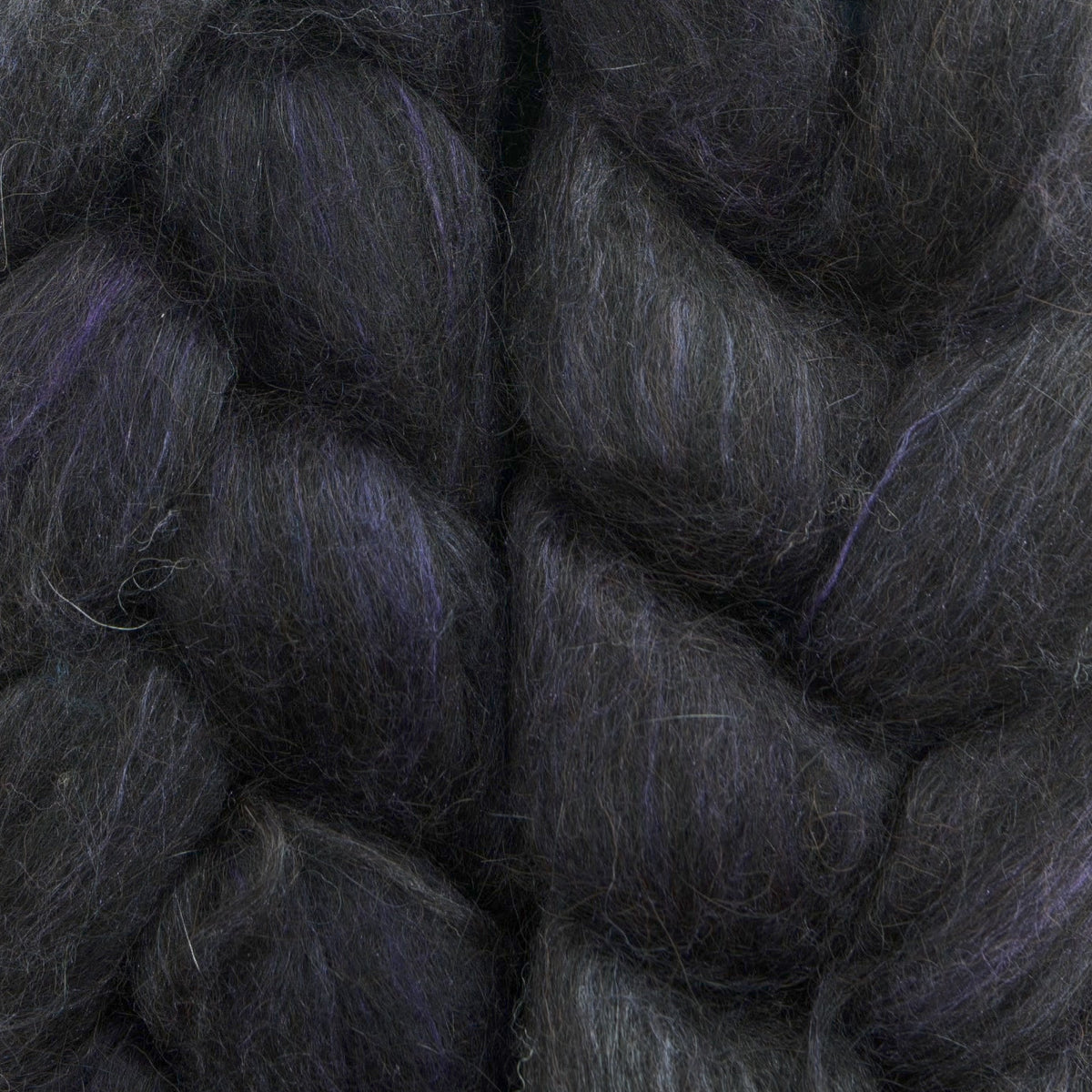 Hand painted alpaca mulberry silk combed top, charcoal, dusky plum and soft grey, braid closeup