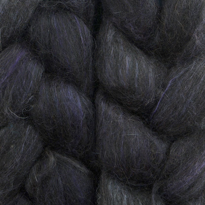 Hand painted alpaca mulberry silk combed top, charcoal, dusky plum and soft grey, braid closeup