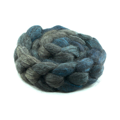 Hand painted alpaca mulberry silk combed top, charcoal, stone grey and deep teal, side view