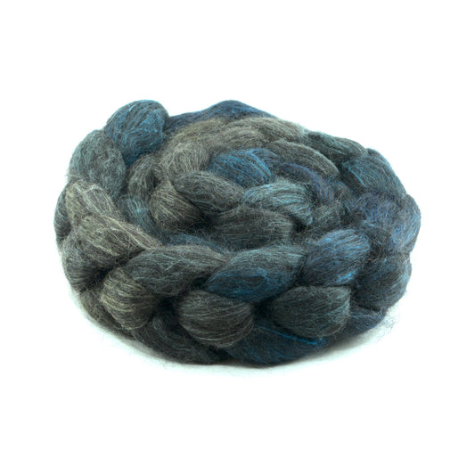 Hand painted alpaca mulberry silk combed top, charcoal, stone grey and deep teal, side view