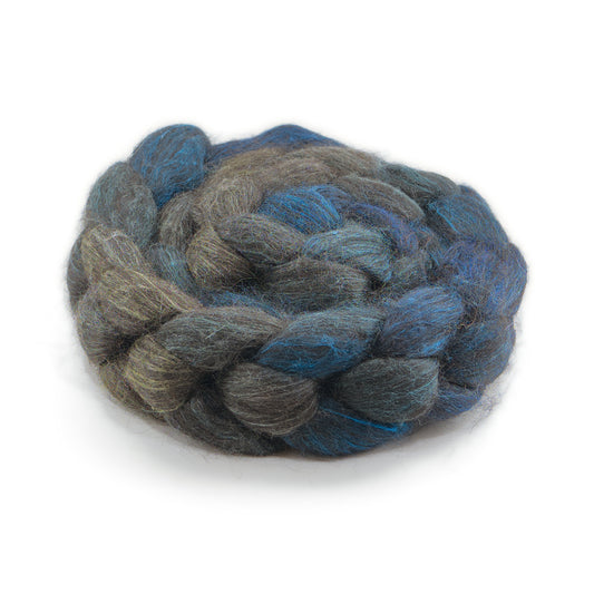 Hand Painted 80/20 Black Alpaca Mulberry Silk Combed Top, Charcoal, Stone Grey and Deep Teal, 4 oz - photo 1