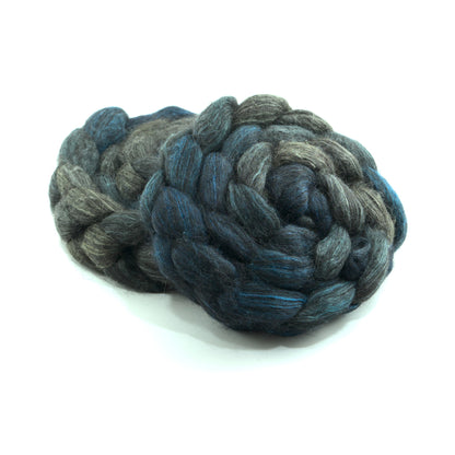 Hand painted alpaca mulberry silk combed top, charcoal, stone grey and deep teal, two-bun stack
