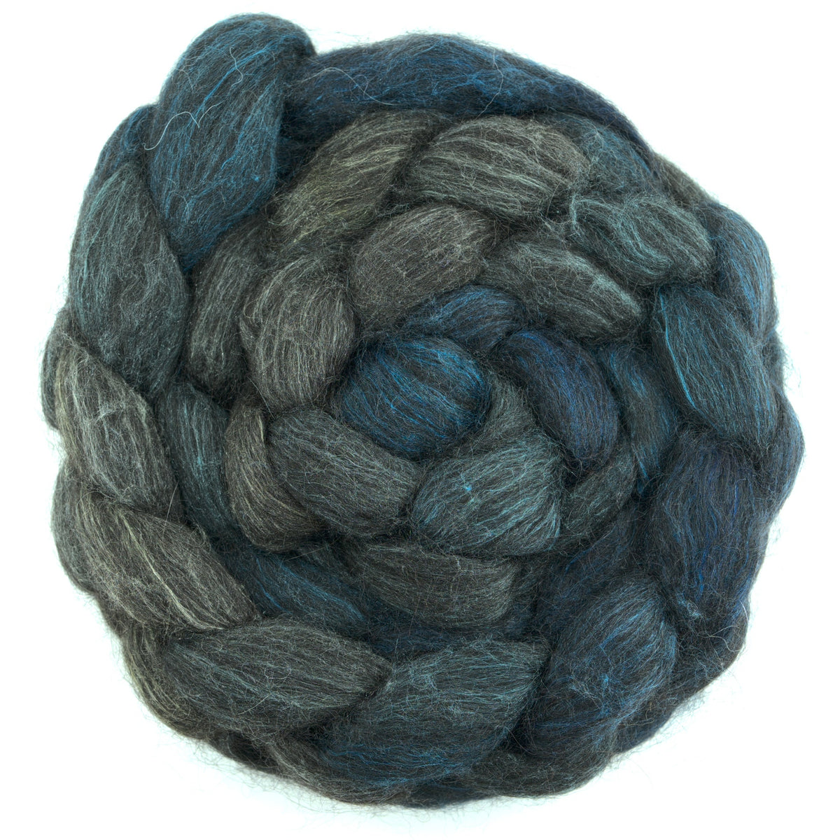 Hand painted alpaca mulberry silk combed top, charcoal, stone grey and deep teal, overhead view