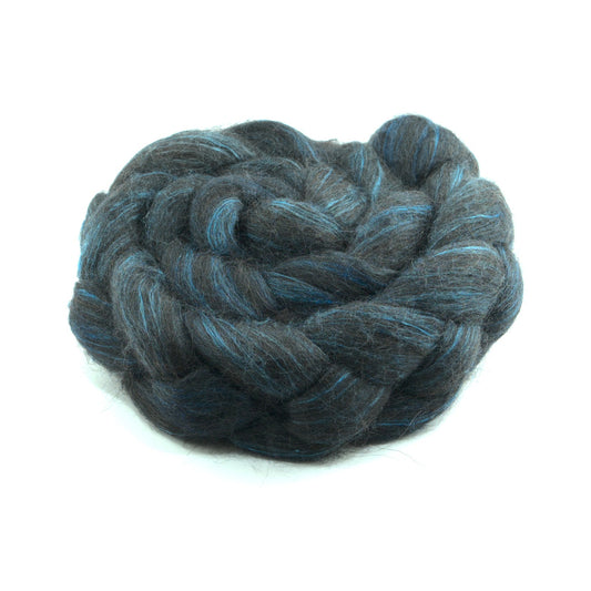 Hand painted alpaca mulberry silk combed top, charcoal, steel blue and peacock blue, side view